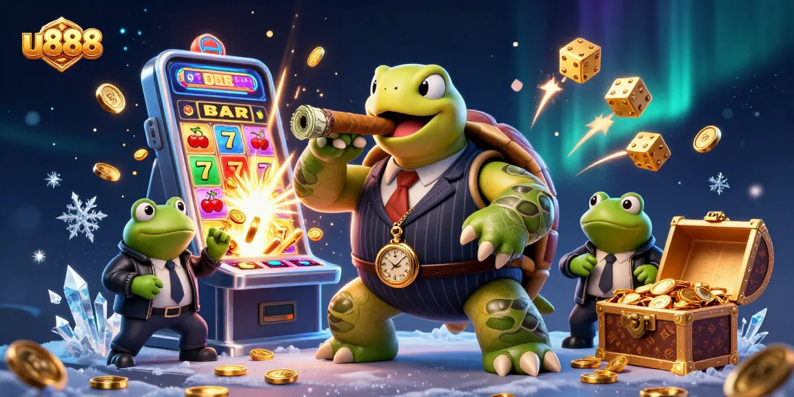 Experience u888's vibrant casino scene, where a turtle mobster and bullfrogs guard a jackpot.