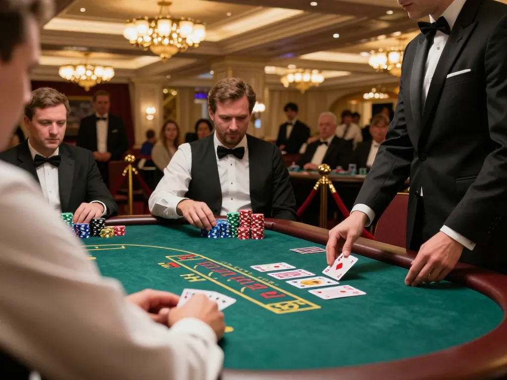 Engaged players enjoying high-stakes blackjack at the trang chủ FLY88 casino table, showcasing strategic gameplay.