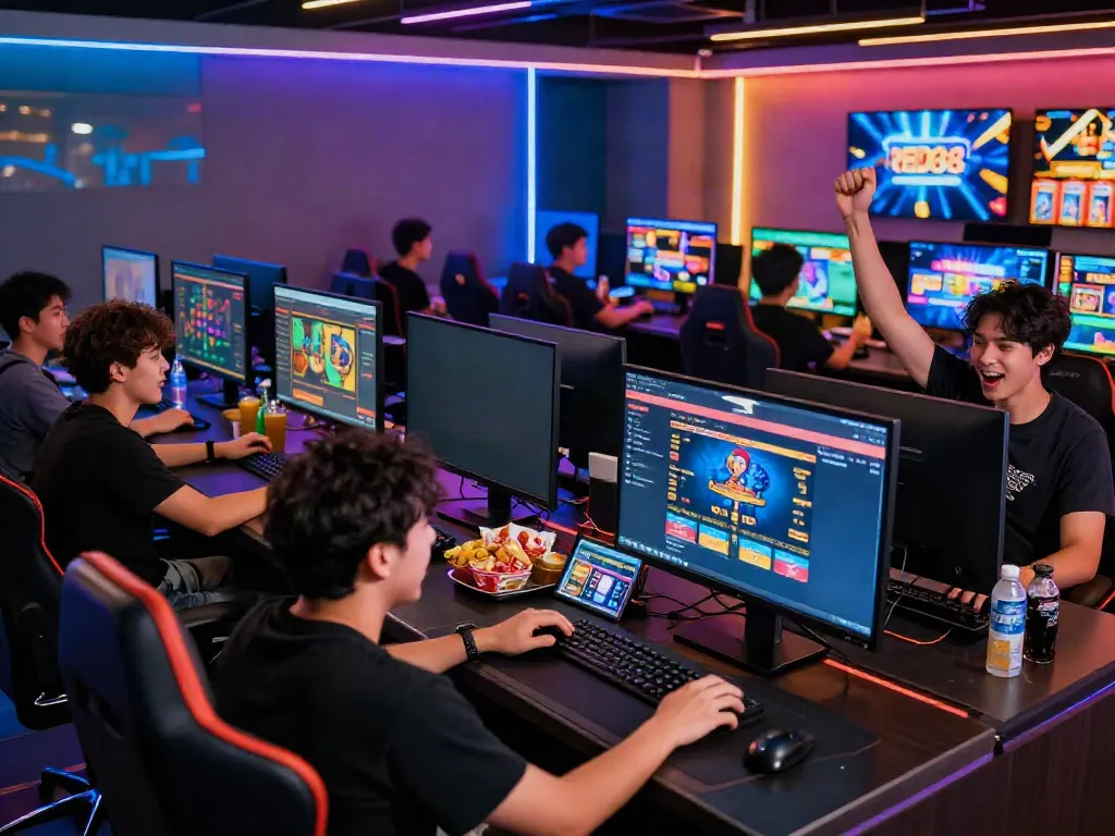 Engaged players enjoying the RED88 online gaming experience in a vibrant gaming lounge.
