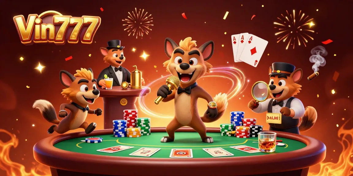 Join the fun at Vin777's vibrant casino with hyenas in an energetic comedy club setup!