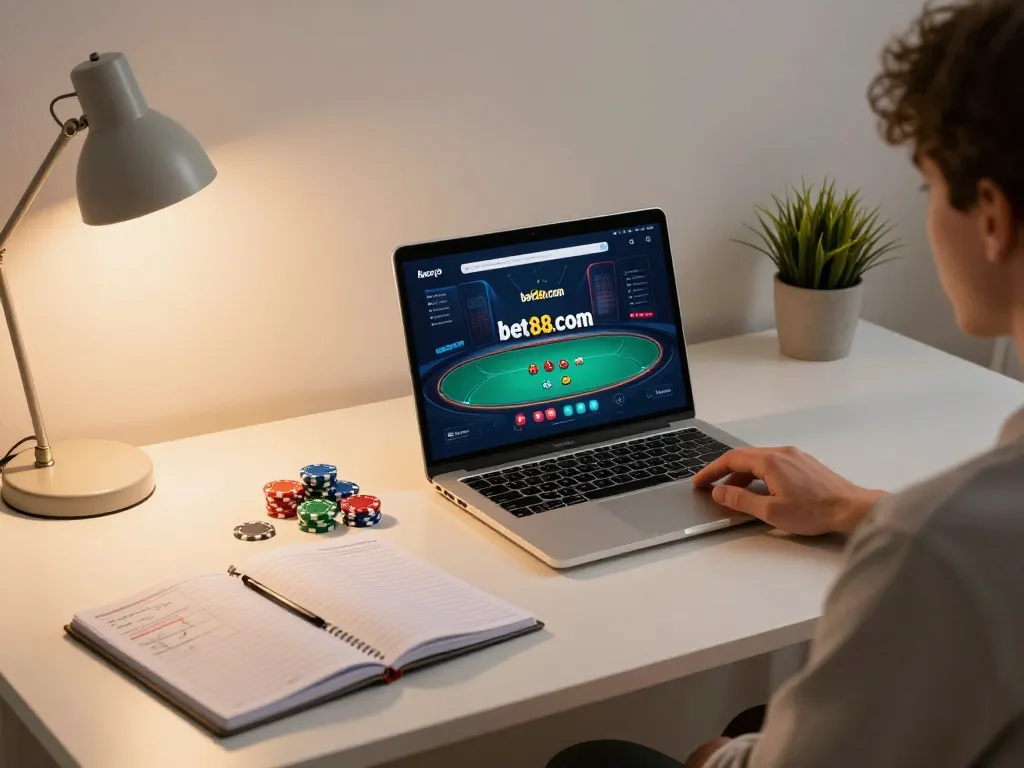 Engaging with the bet88com online poker platform in a stylish home setup.