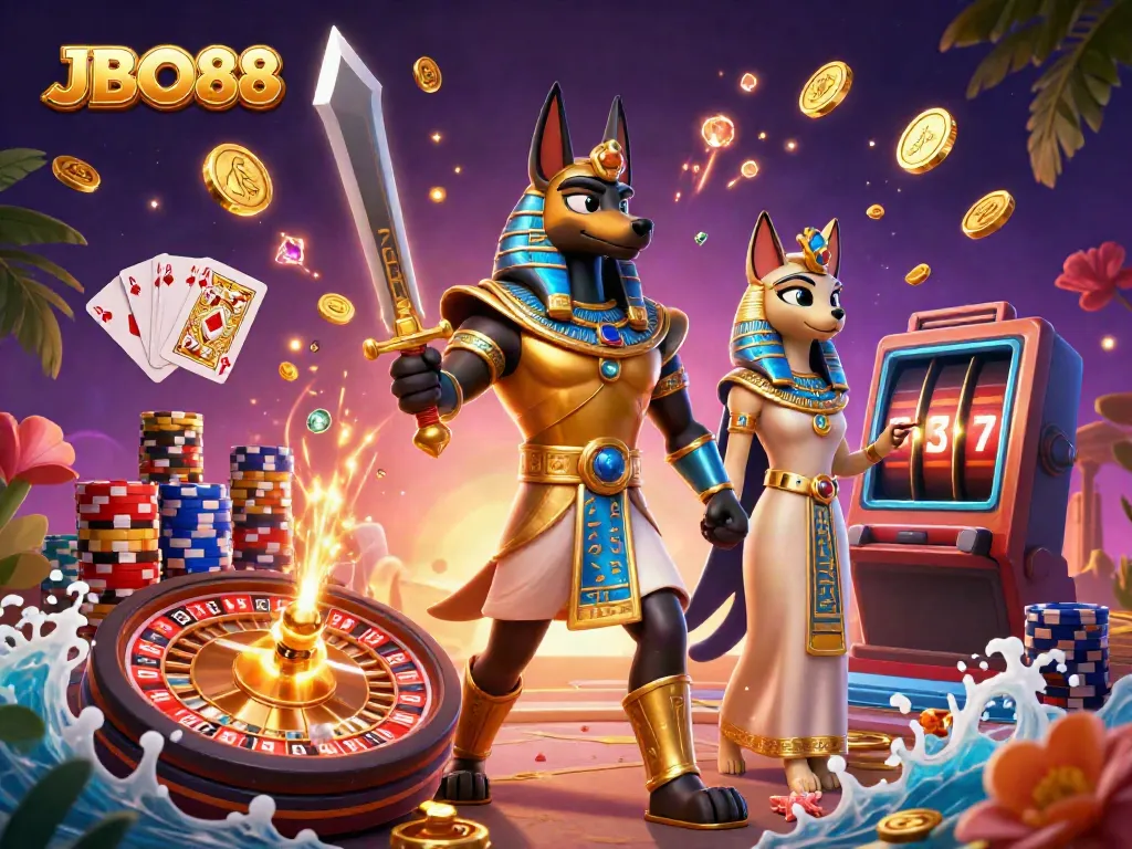 Experience the excitement of gaming at JBO88 with ancient Egyptian characters and casino elements.