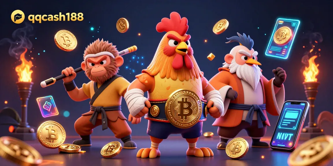 Experience thrilling gaming with qqcash188 featuring a dynamic Muay Thai rooster and martial artists in a vibrant casino setting.