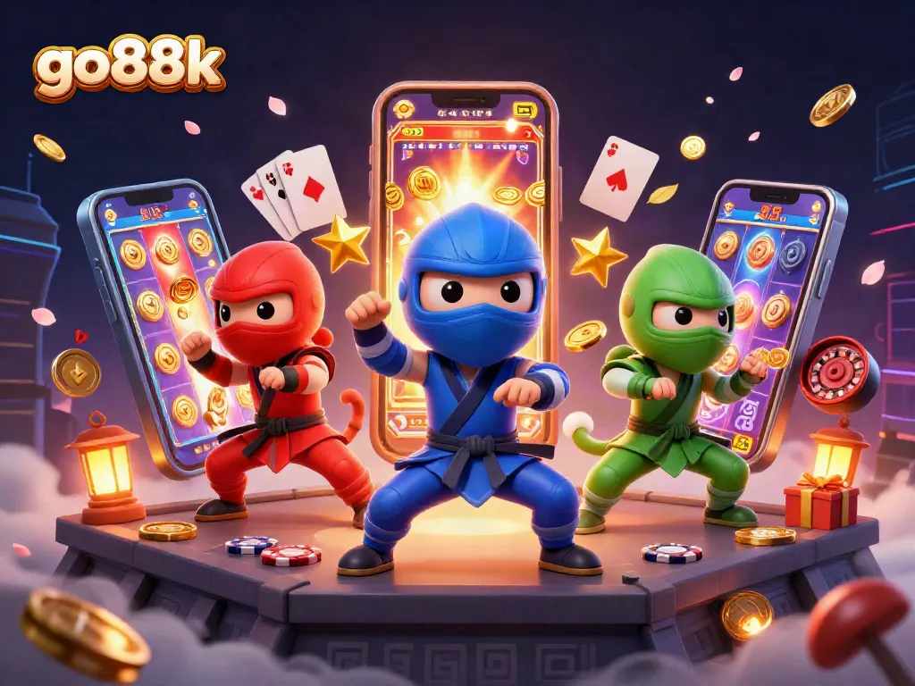 Join the action with go88k as ninja chameleons showcase their skills amidst vibrant casino elements.