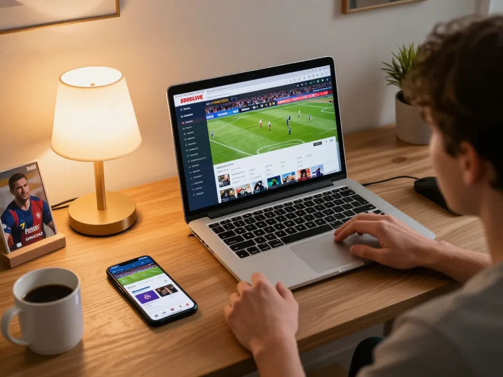 SOCOLIVE streaming on laptop with engaging sports betting setup, showcasing a modern home gaming experience.