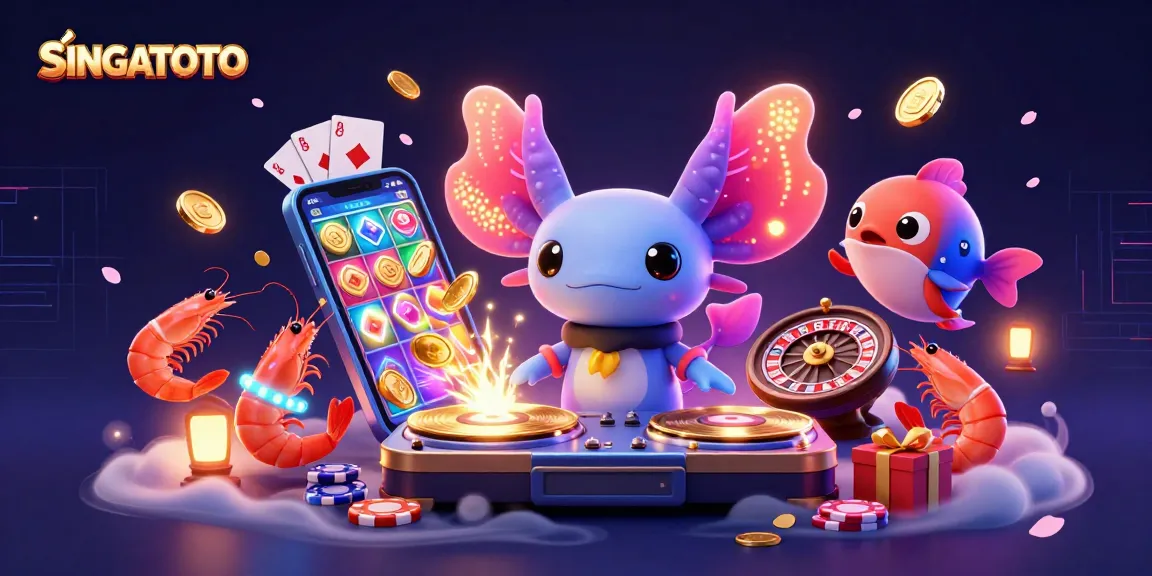 SINGATOTO menghadirkan suasana kasino virtual yang meriah dengan DJ axolotl neon dan karakter laut yang energik.