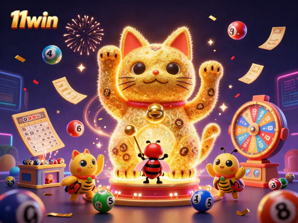 Experience the vibrant excitement of 11win with a dynamic scene of a lucky cat and casino symbols, showcasing thrilling gaming moments.