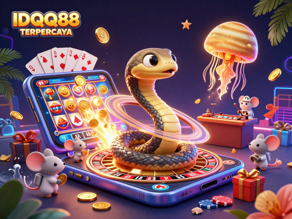 IDQQ88 TERPERCAYA brings excitement with a vibrant cosmic casino scene featuring a roulette snake and betting mice.