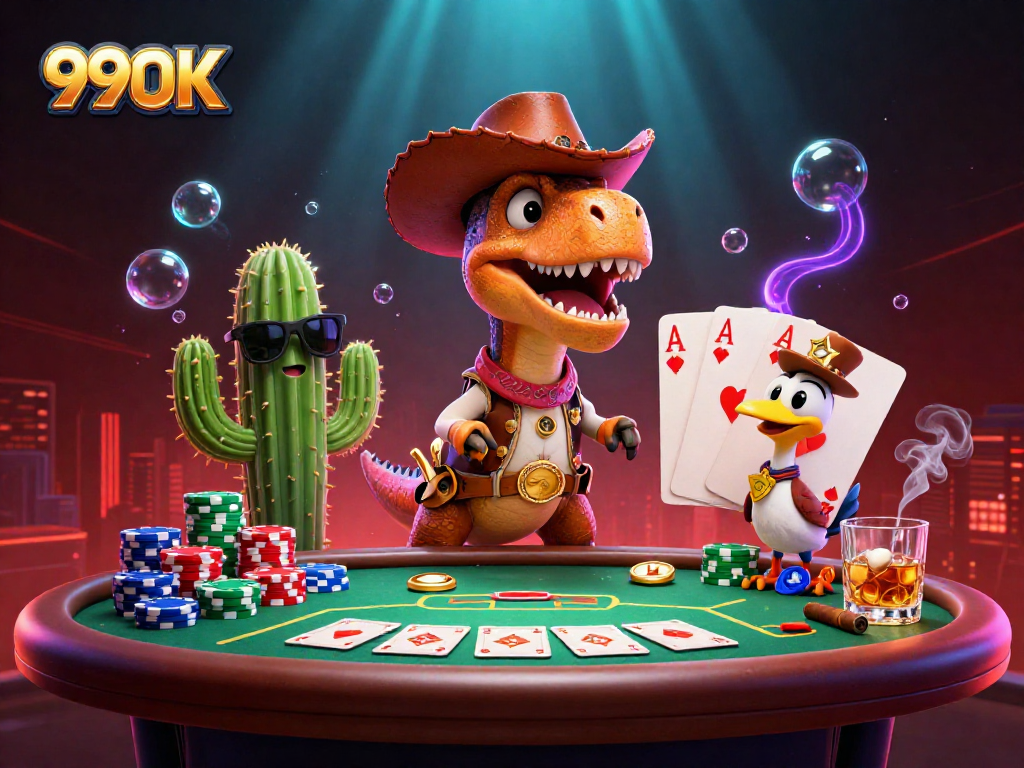 Engage with 99OK in a vibrant 3D scene featuring a cowboy T-Rex at a lively poker game.