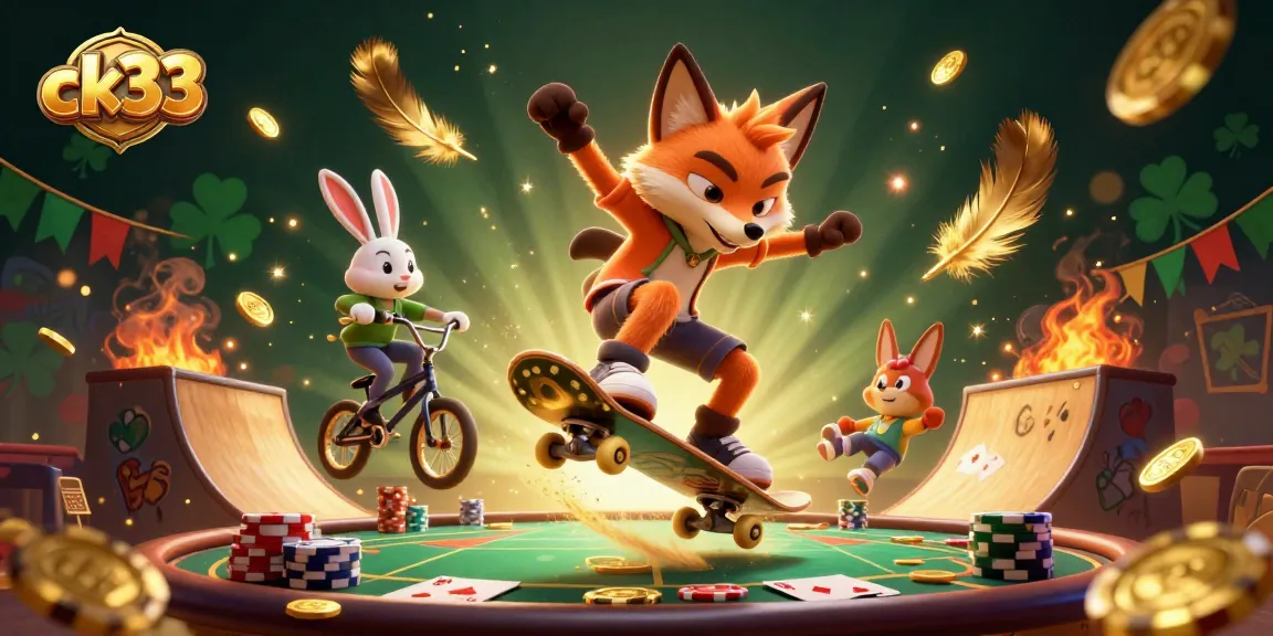 Engaging illustration of ck33 showcasing a fox skateboarding over golden poker chips in a vibrant casino scene.