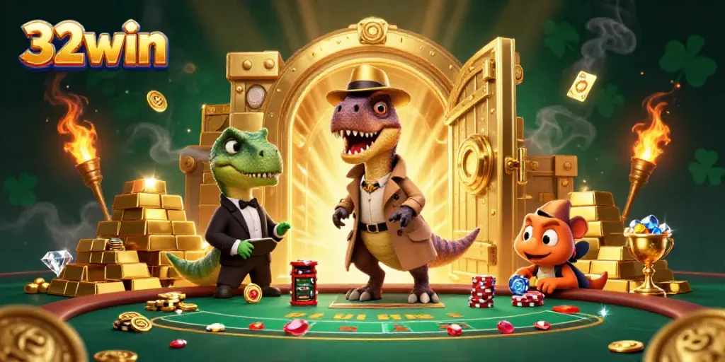 Engage in thrilling blackjack at 32win with a cartoon velociraptor card counter, surrounded by treasure.