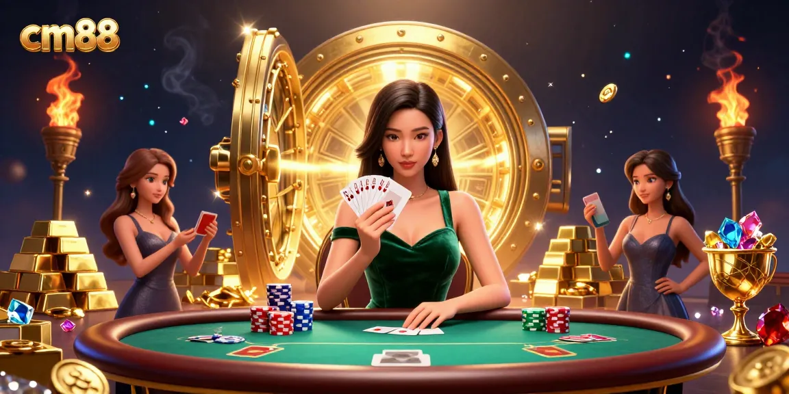 Experience winning moments with cm88 at a luxurious poker table packed with gemstones and treasures.