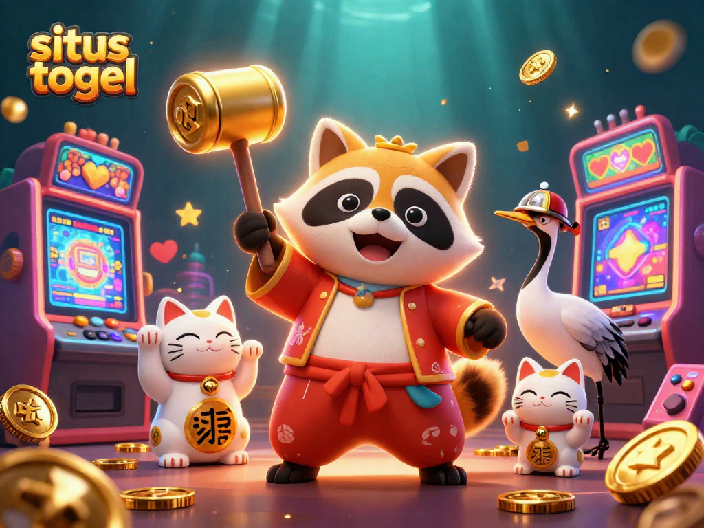 Experience exhilarating wins at situs togel with festive characters amidst slot machines and golden treasures.