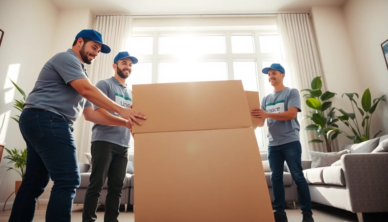 Calgary movers expertly lifting boxes in a bright, spacious living room.