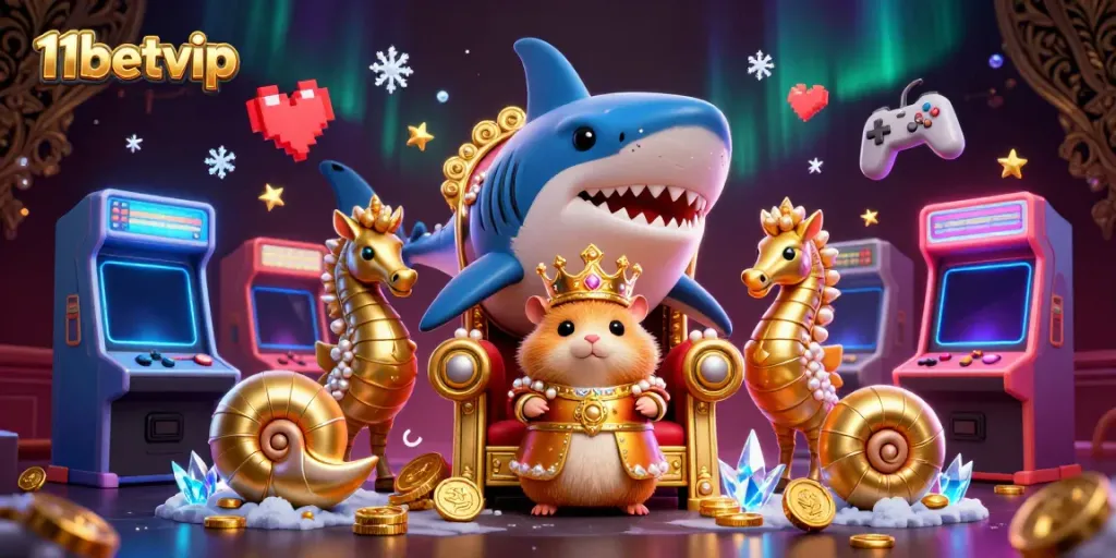 Experience the vibrant 11betvip casino world with a golden hamster king amid gaming excitement.