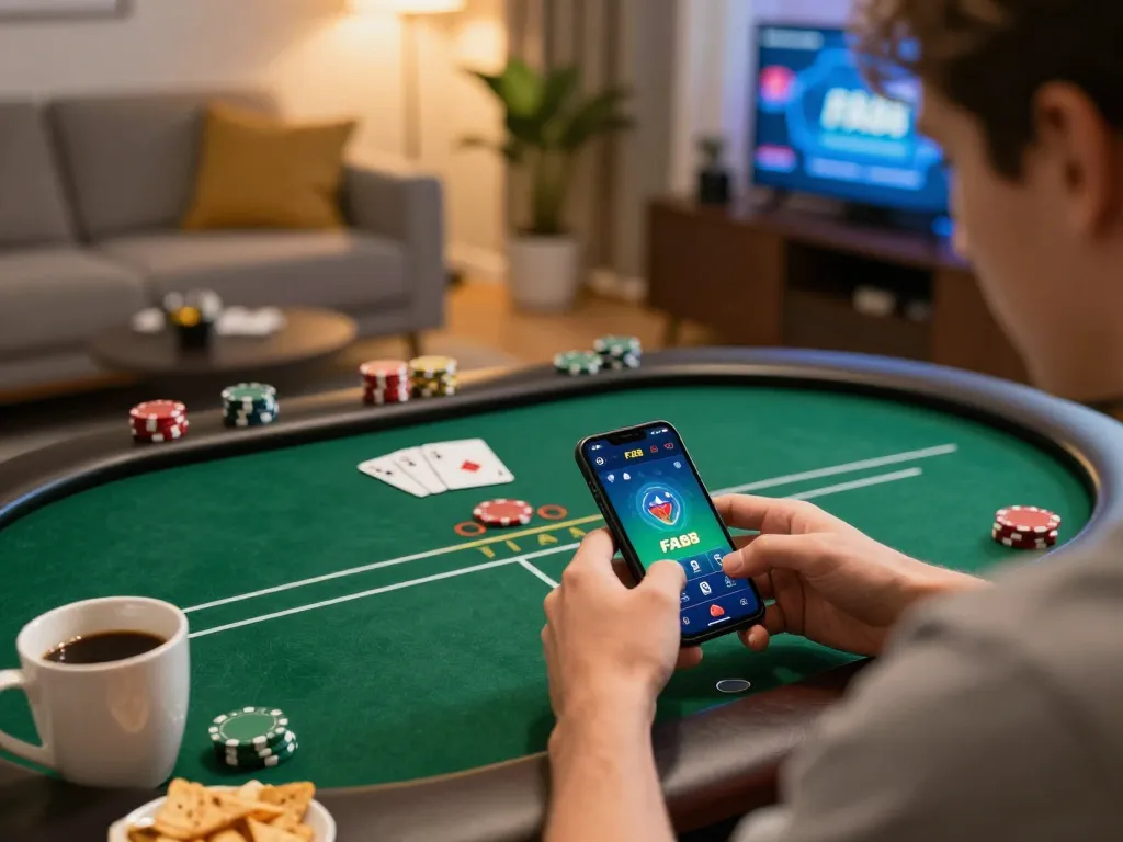 FA88 player enjoying poker gameplay on smartphone in a cozy living room.