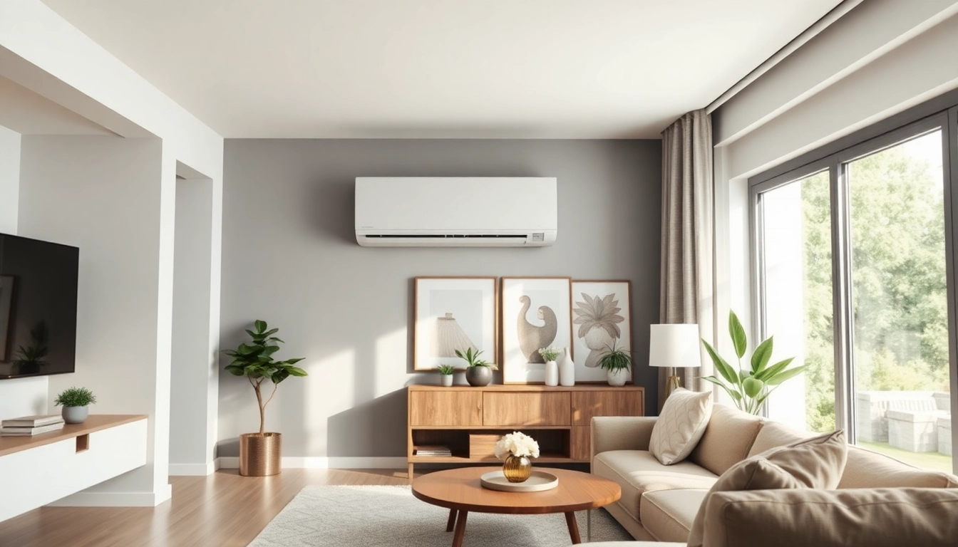 Install a mini split ac in a stylish living room with natural light and cozy decor.