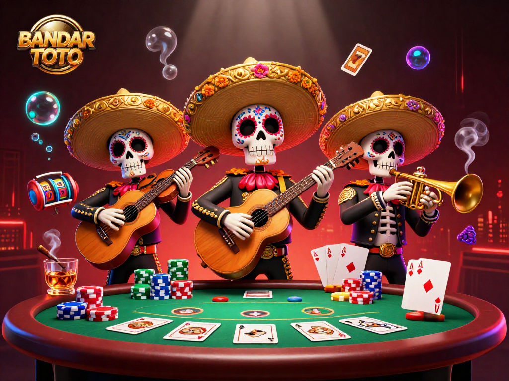 BANDAR TOTO showcases an animated scene of a lively mariachi band surrounded by poker and casino elements, embodying the excitement of online gaming.