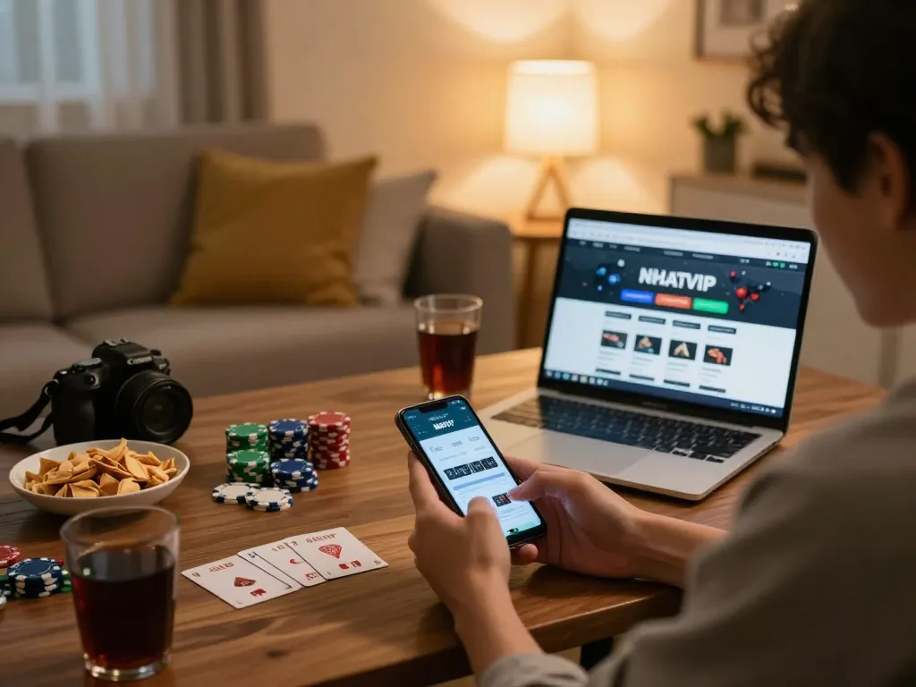 Engaging in online gaming with NHATVIP on a smartphone in a cozy home setting.