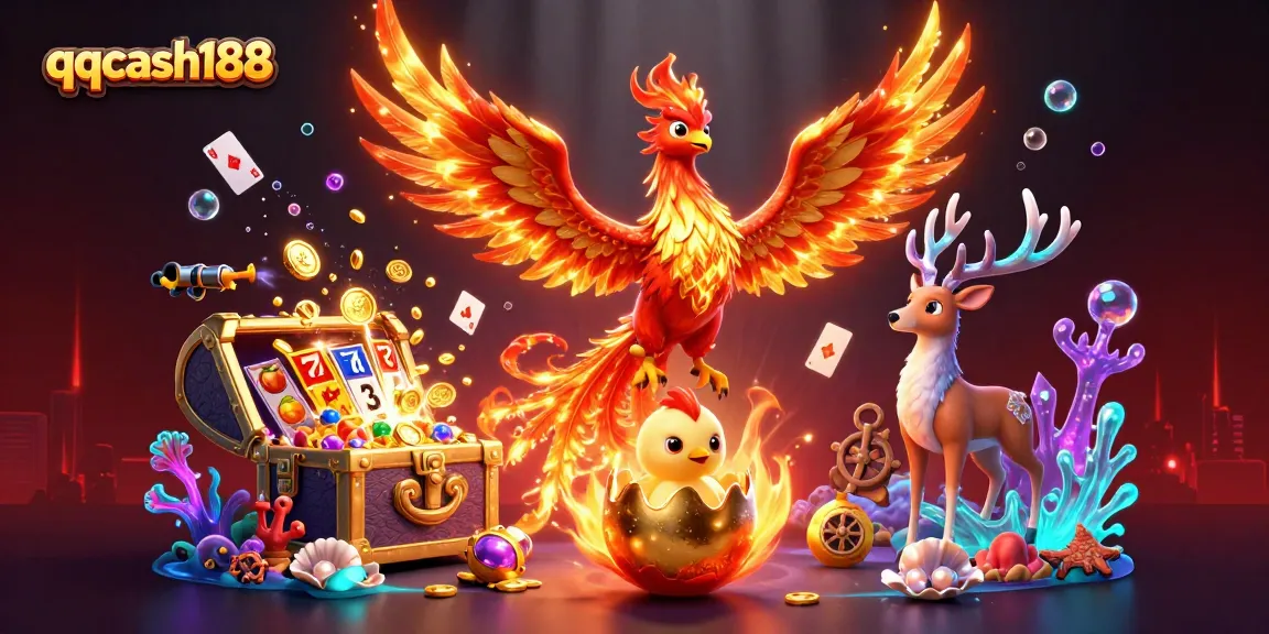 Experience the thrill at qqcash188 with dynamic 3D illustration of casino elements, phoenix, and treasures.