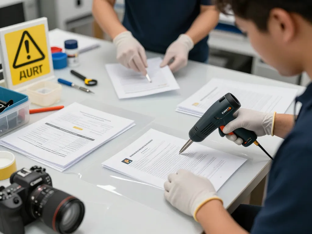 bóc ép plastic tại hà nội with professionals carefully extracting plastic layers from documents, showcasing specialized tools in a modern workspace.