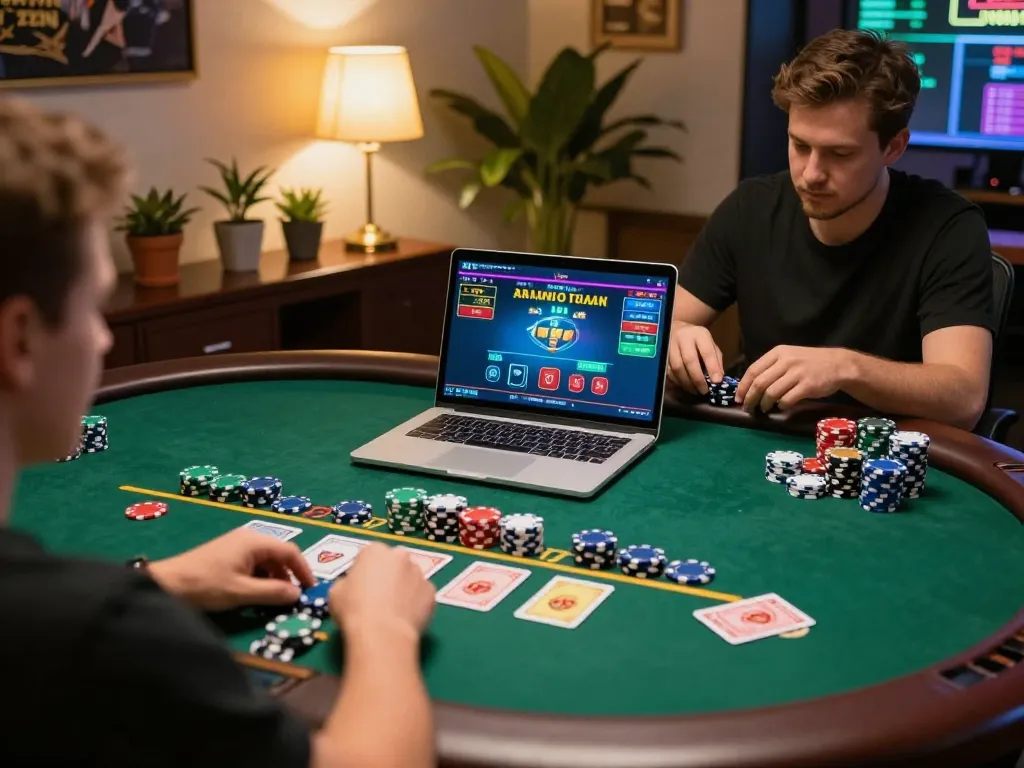 Engaging live dealer blackjack game at https://xkp88.com/ on a cozy home desk with vibrant chips and warm lighting.