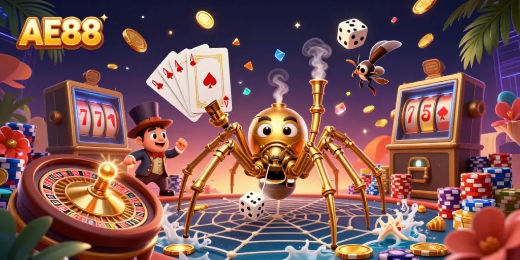Engage with AE88's thrilling casino world, highlighted by a steampunk spider and Victorian fly in an intricate scene.