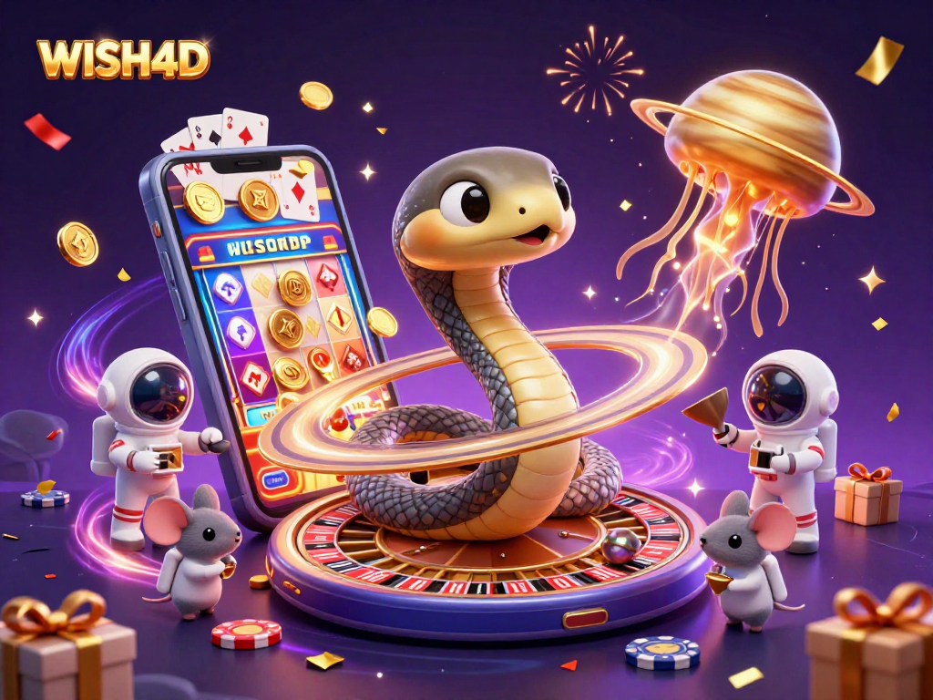 Experience the excitement of WISH4D with vibrant casino-themed 3D illustration packed with dynamic gaming elements.