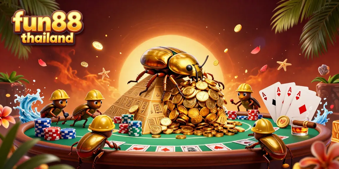Join the fun88 thailand experience with a golden beetle rolling coins at a vibrant casino pyramid scene.