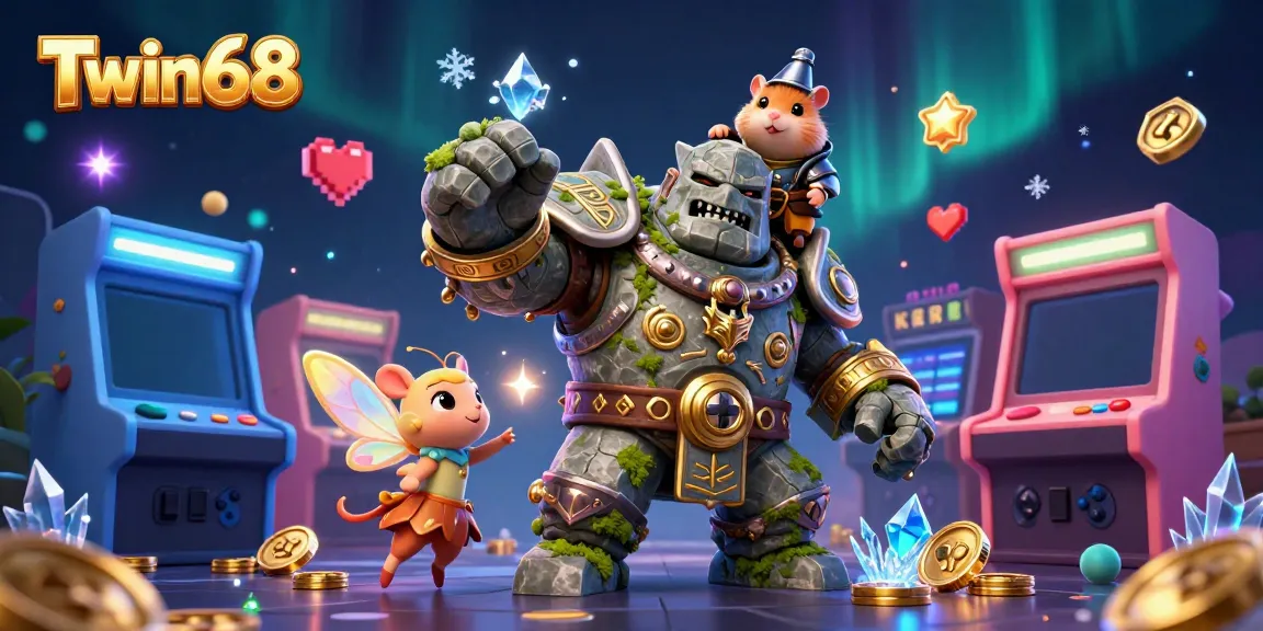 Engage with the enchanting world of Twin68, featuring a magical golem guardian, fairy, and a hamster knight in a vibrant casino setting.