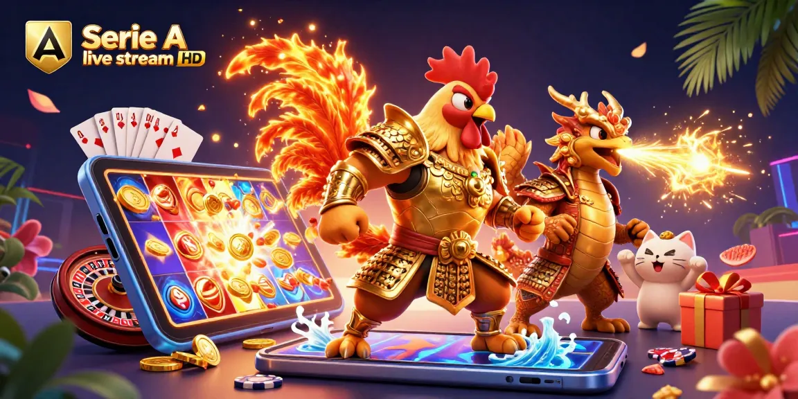 Experience Serie A live stream HD with a dynamic scene of cartoon warriors and vibrant gambling elements.