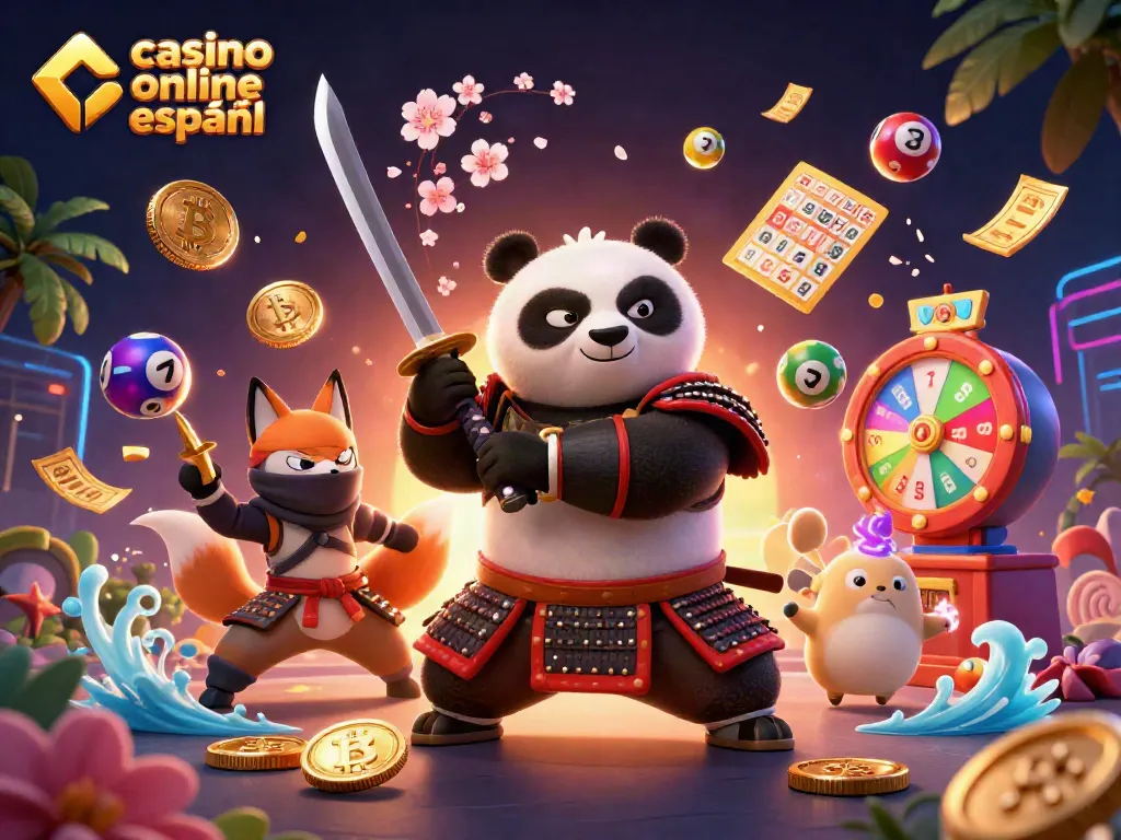 Disfruta de la emoción de un casino online español con un panda samurái en acción rodeado de monedas y juegos.