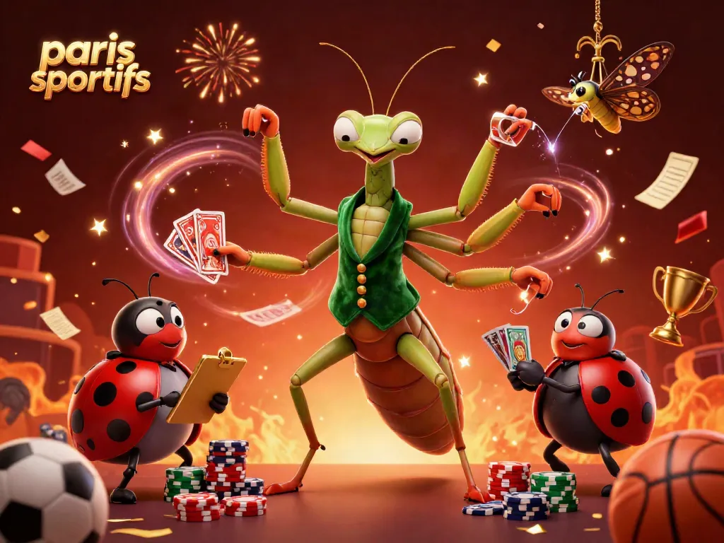 Experience thrilling paris sportifs action with a dynamic illustration featuring card dealing mantis and vibrant sports motifs.