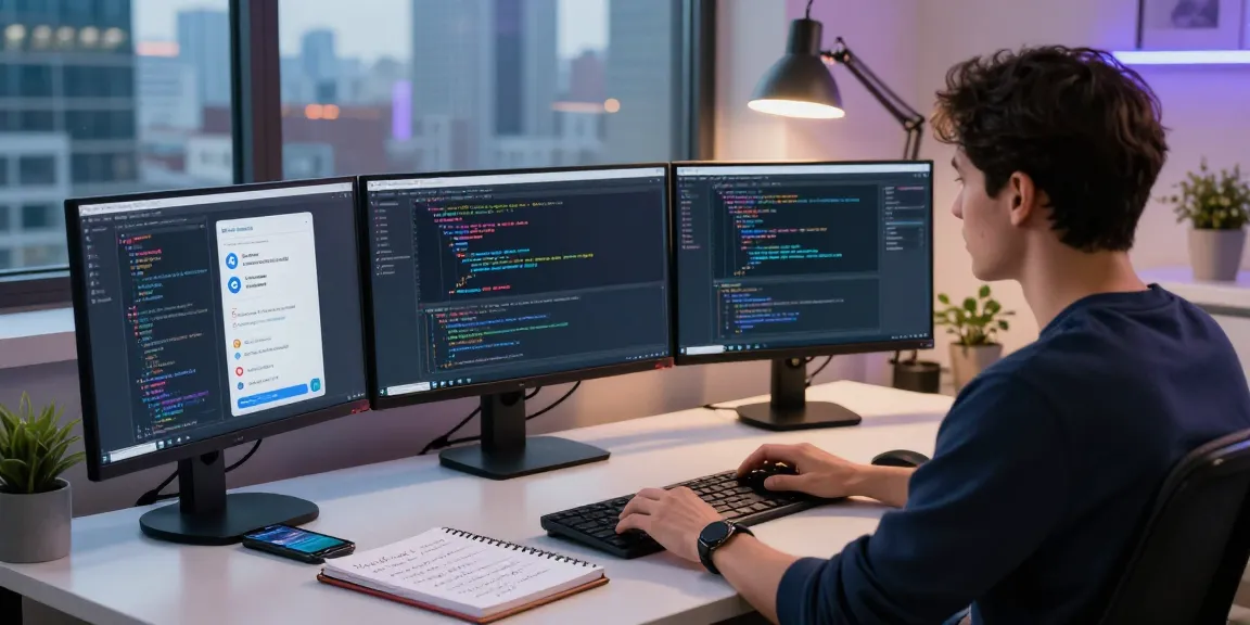 Telegram download showcased in a tech workspace with a developer coding and interacting with multiple screens.