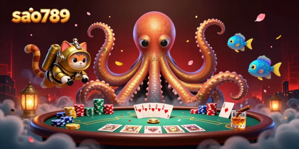 Experience the thrilling world of sao789 with a vibrant 3D casino scene featuring a kraken, diving cat, and poker elements.
