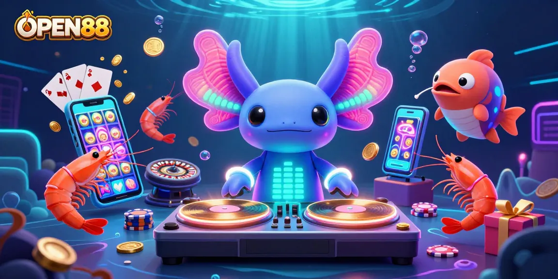 Experience the lively world of OPEN88 with neon underwater casino elements and vibrant characters.