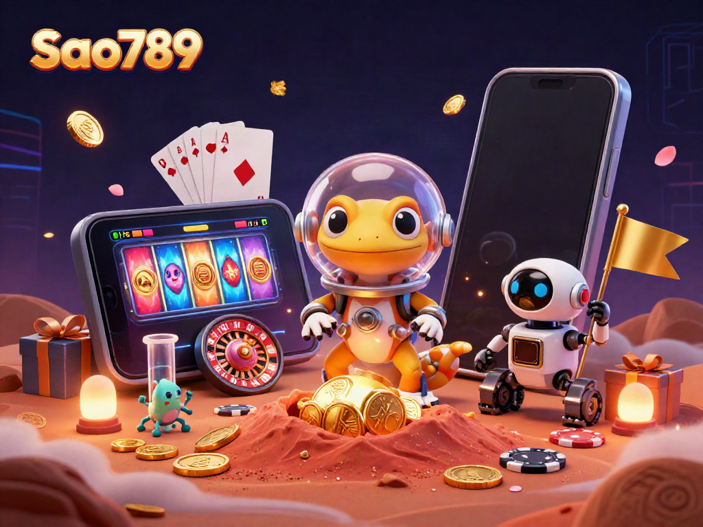 Experience adventurous gaming at Sao789 with a Martian gecko in a vibrant casino landscape.