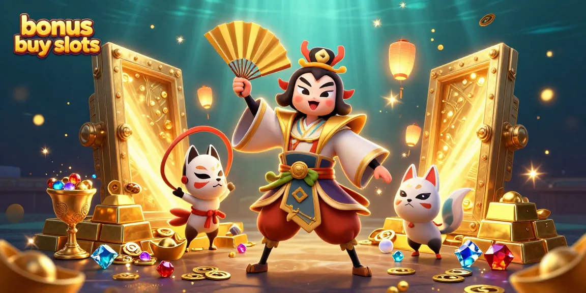 Engage with bonus buy slots through vibrant 3D casino illustration showcasing dynamic characters and treasure elements.