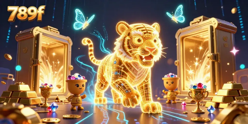 Experience thrilling gaming at 789f with a neon-wireframe tiger in a vibrant casino