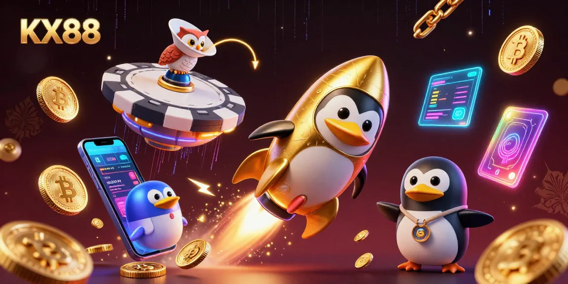 KX88 unlocks fortunes at the cosmic casino with a golden penguin and vibrant crypto elements.