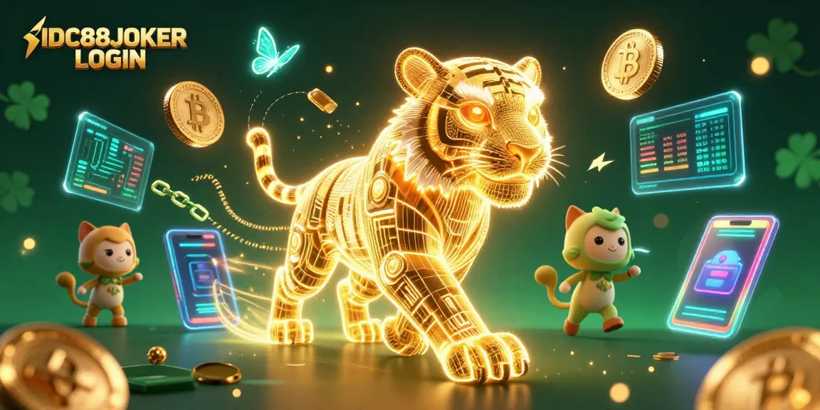 Play at IDC88JOKER LOGIN with vibrant casino elements and crypto-themed visuals.
