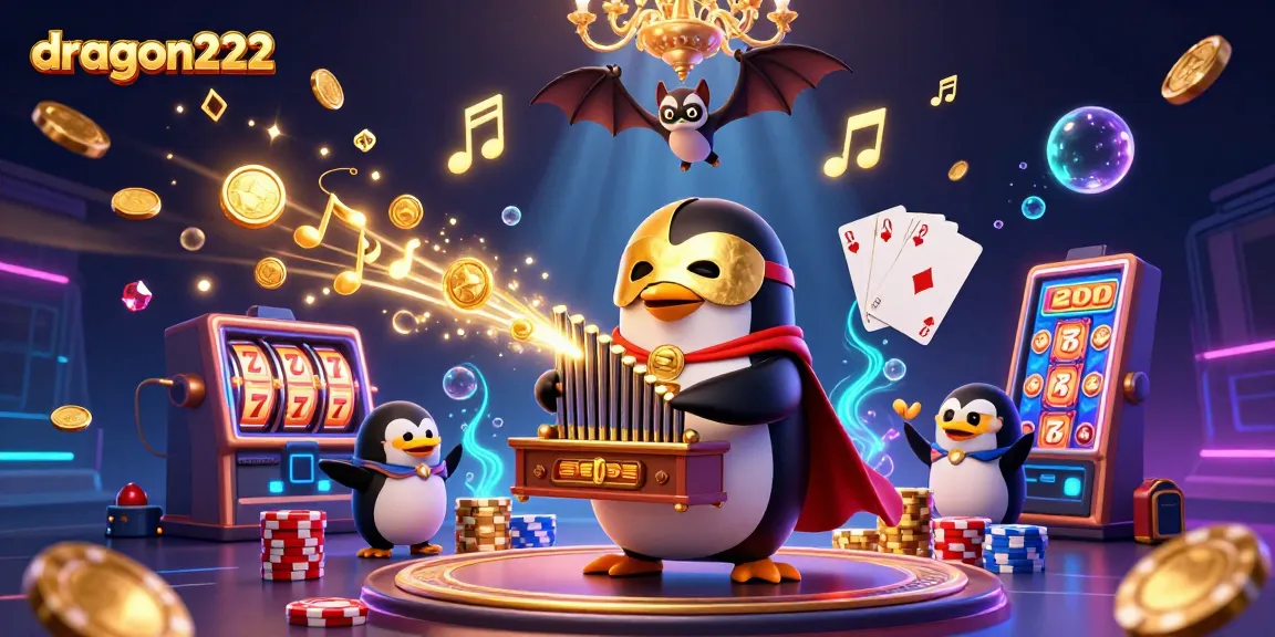 Spin big wins with dragon222: A mesmerizing 3D scene of a penguin organist amidst gold coins and slot machines.