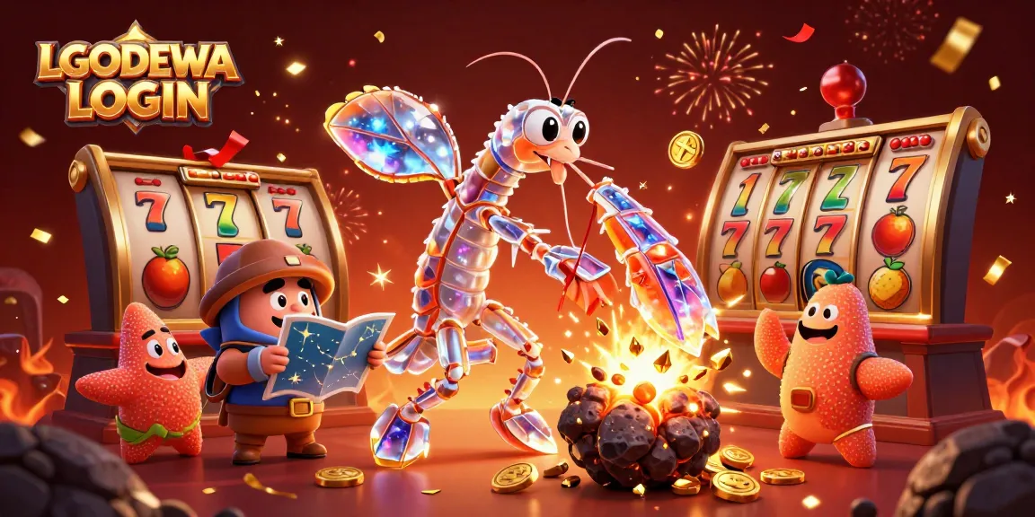Experience the excitement of LGODEWA LOGIN as 3D characters hit the jackpot with golden coins and vibrant slots.