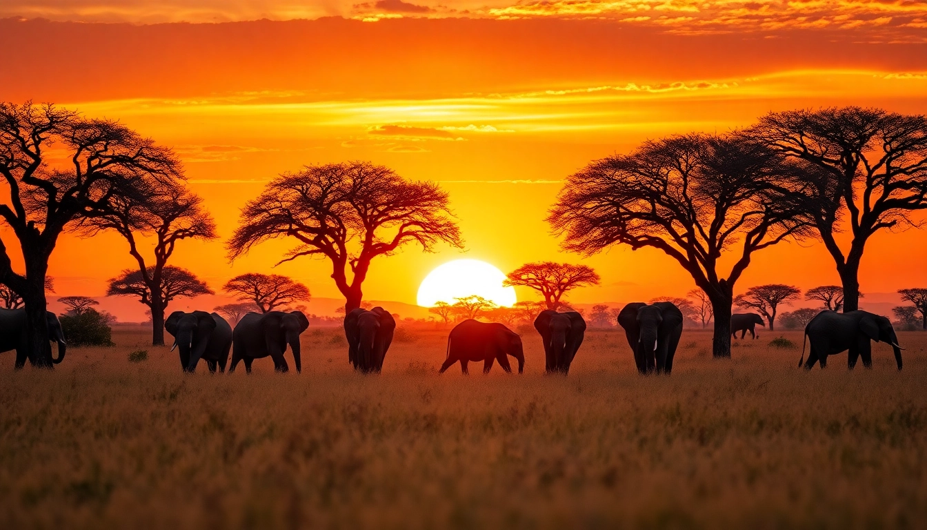 View elephants on Tanzania safaris against a vibrant sunset in the savanna landscape.