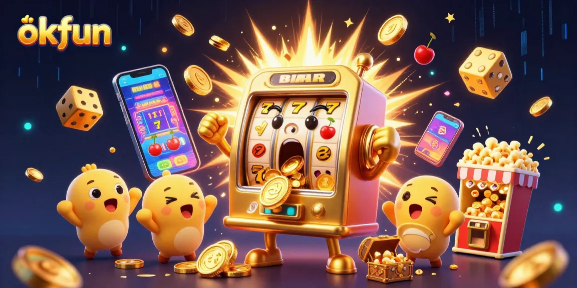 okfun slot machine celebrates jackpot win with coins overflowing, creating a festive casino atmosphere.