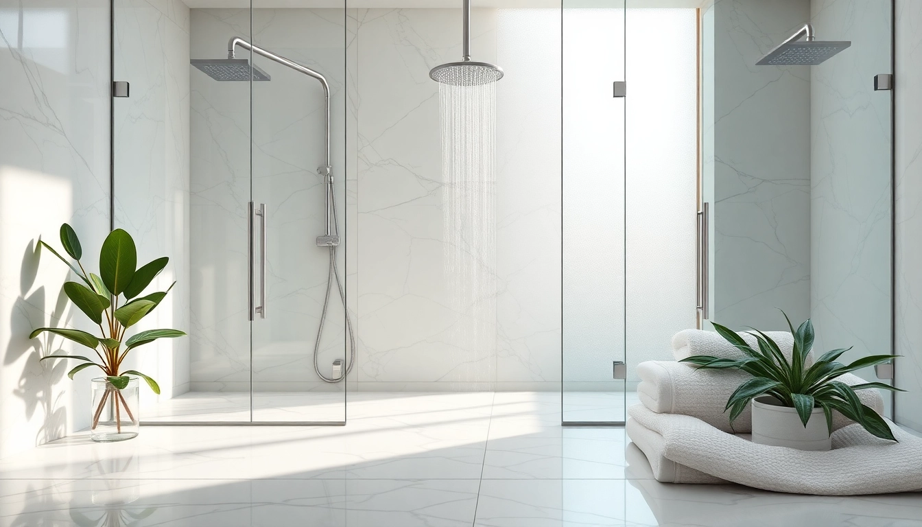 Experience elegant showers with a luxurious bathroom design showcasing a rainfall showerhead and marble features.