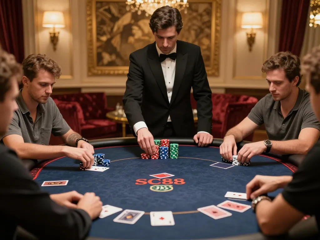 High-stakes poker game at SC88 with players focused on strategy and stacks of chips.