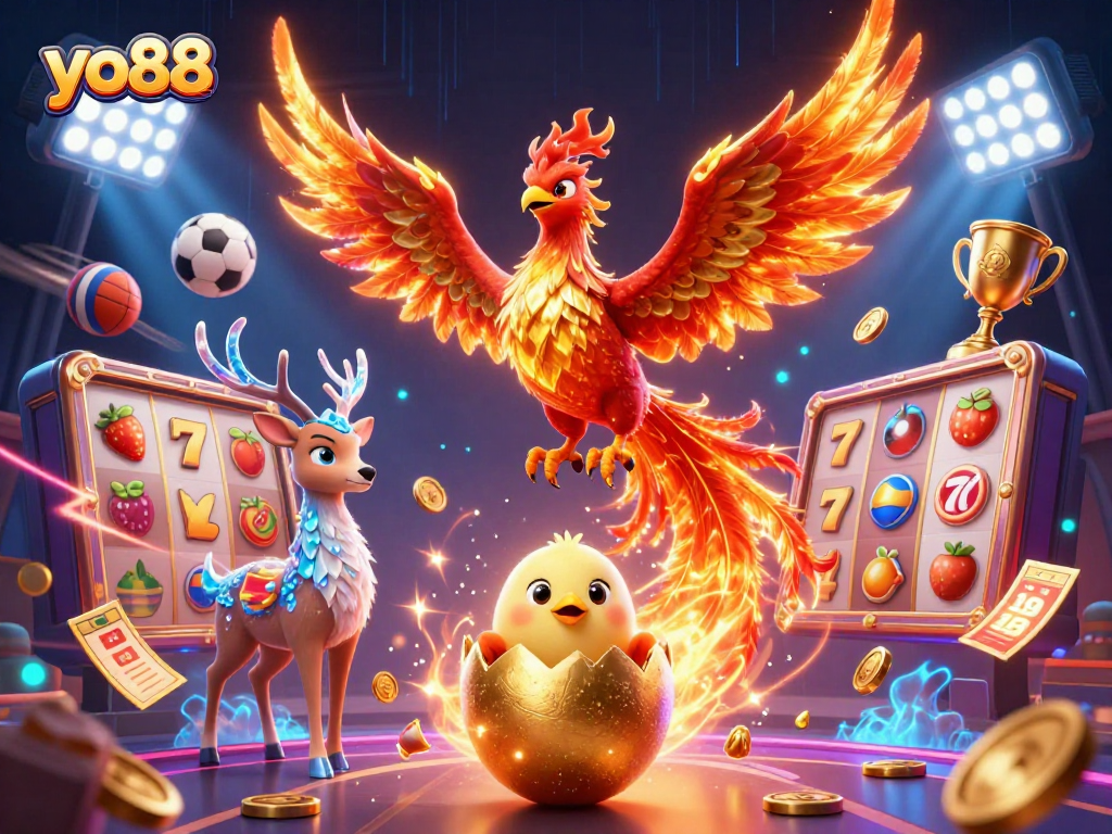 yo88 promotes engaging gameplay with a phoenix and casino scene filled with jackpots and sports balls.