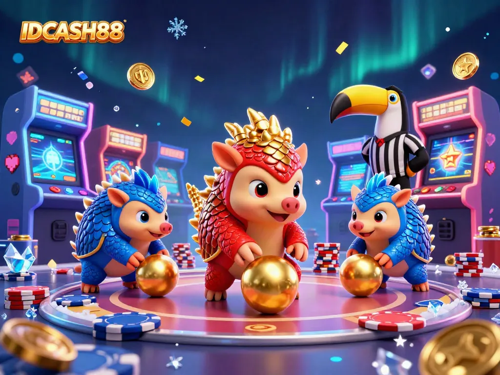 Engage with IDCASH88's thrilling games featuring competitive pangolin characters in a vibrant casino setting.