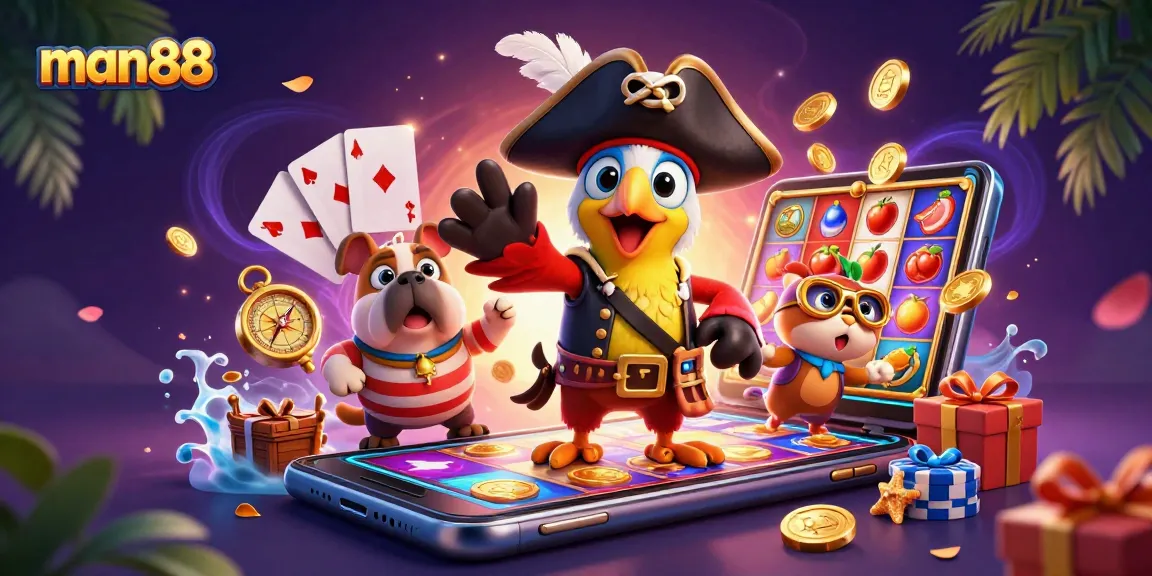 Join man88’s exciting slots adventure with playful pirate characters and vibrant casino elements.